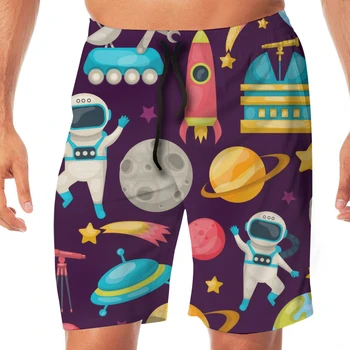 

Men Casual Summer Hawaiian Beach Pants Half Trousers Funny Space Planets And Tools Kids Pattern