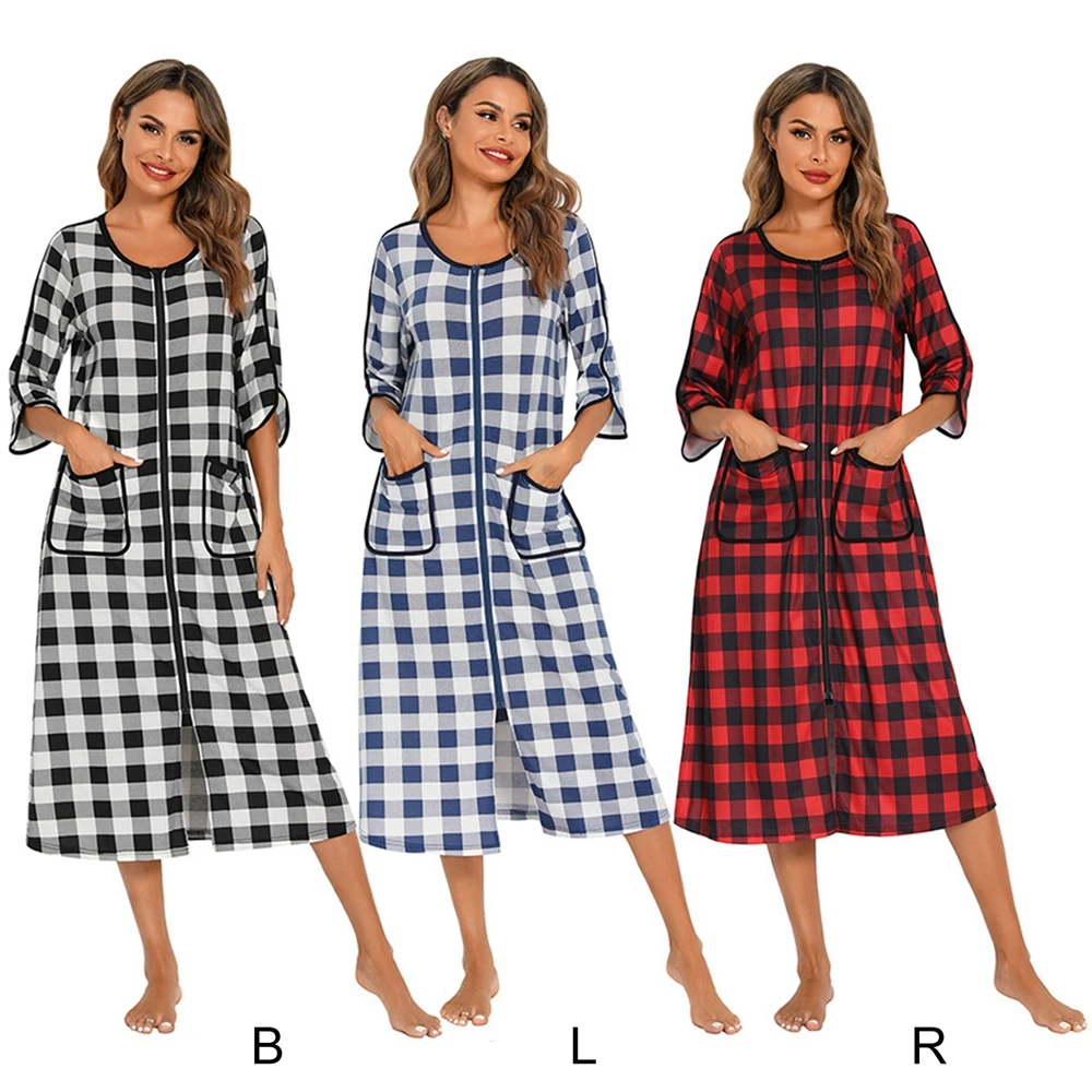 Women Autumn Plaid Zipper Front Robes Long Sleepwear Soft Nightgown Warm Loungewear Maternity Bathrobe Pajamas