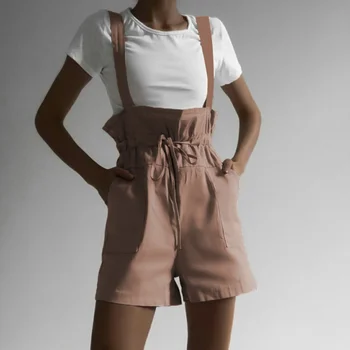 

Summer Versatile Sexy Women Shorts Casual Solid Color High Waist Strap Ruffled Pocket Straight Strap Lace up Overalls Shorts