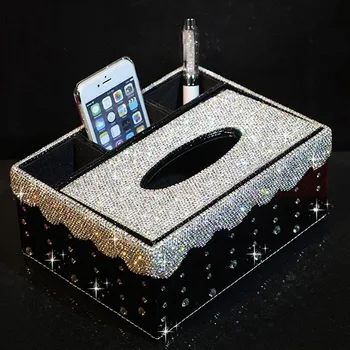 

NEW Fashion Crystal Diamond Multifunction Tissue Case Household Car Paper PU Leather Tissue Box Cover Wipe Holder Luxury