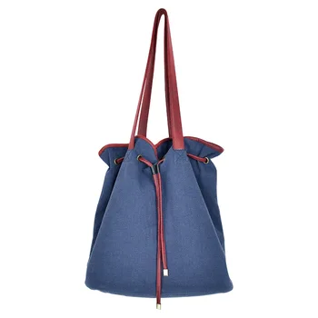 

Women Bucket Cotton Fabric Shoulder Bags Japan Style Fashion Panelled Hit Color Casual Washed Cotton Drawstring Handbag