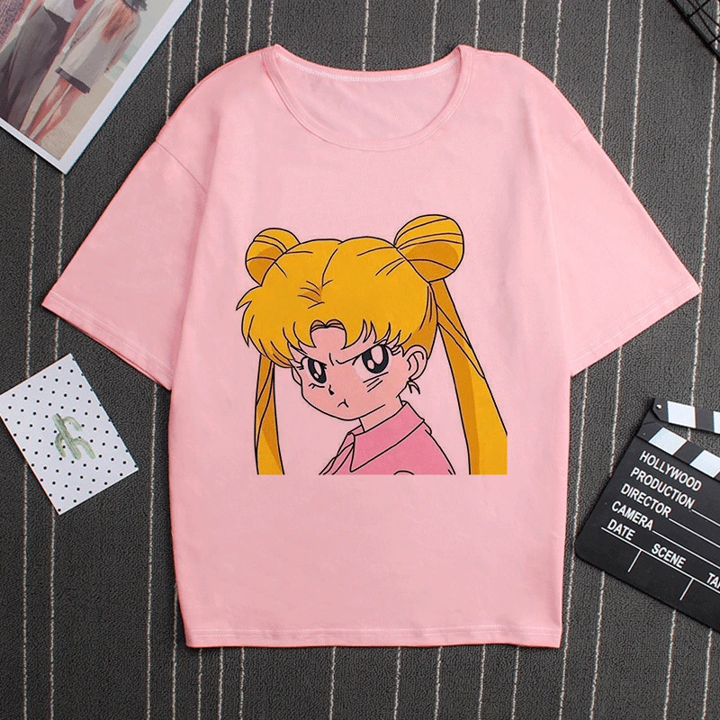 Sailor Moon 90s Funny Pink T Shirt Harajuku Clothes Tshirt Aesthetic Cat Anime Vogue T-shirt Kawaii Graphic Tees Ullzang Women