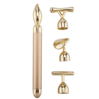 

4 In 1 Slimming Face Eye Massage Stick Multifunctional Bar Lifting With Replacement Head Golden Metal Portable Vibration T Shape