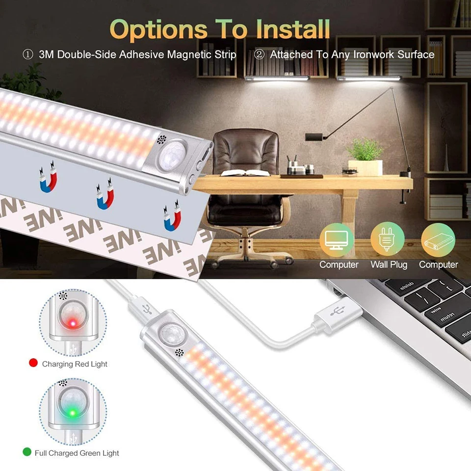 Description Picture 6 of item80 120 160 LEDs Under Cabinet Lights PIR Motion Sensor Night Lamp Kitchen Lighting USB Rechargeable Closet Light for Bedroom