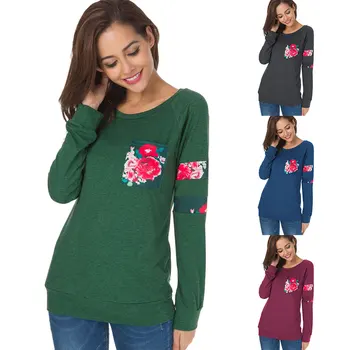 

Autumn and Winter Women's Shirt 2019 New Casual Cotton Round Neck Long Sleeve Printed Pocket T-shirt