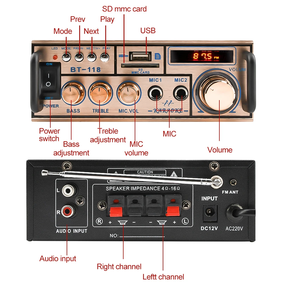12V/ 220V 2CH LCD Display Digital HIFI Audio Stereo Power Amplifier bluetooth FM Radio Car Home with Remote Control car stereo