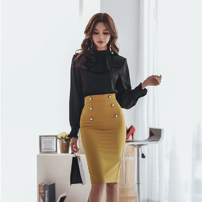 

WOMEN'S Dress 2019 Spring New Products Ol Career Elegant Ruffled Collar Mock Two-Piece Sheath Midi-skirt Dress Women's