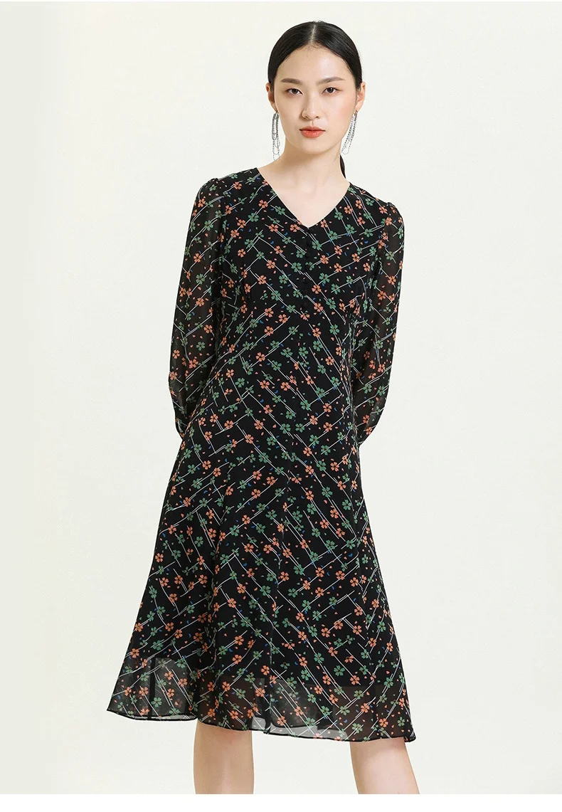 

Gowani Women Spring Autumn Casual Dress Floral-printed V-neck Sheer 3/4 Sleeve Fit & Flare Elegant Ladies Knee Length Dres