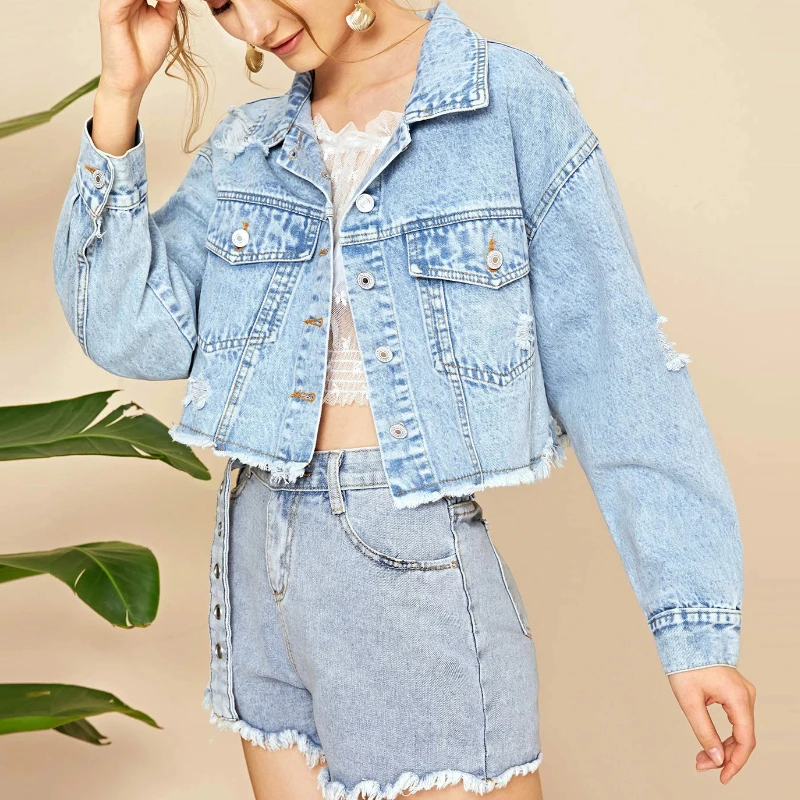 Women's denim jacket 2024 spring new long-sleeved fashion fashion raw edge casual simple trend outer wear denim short jacket high quality tb suit white edge three color high waisted short full lining white lining gold buckle business wedding suit jacket