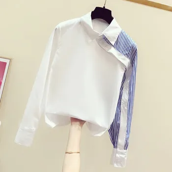 

2020 Spring New Korean Irregular Striped Stiching Lapel Long Sleeve Shirt Women's Leisure White Blouse Blue Stripes Shirt