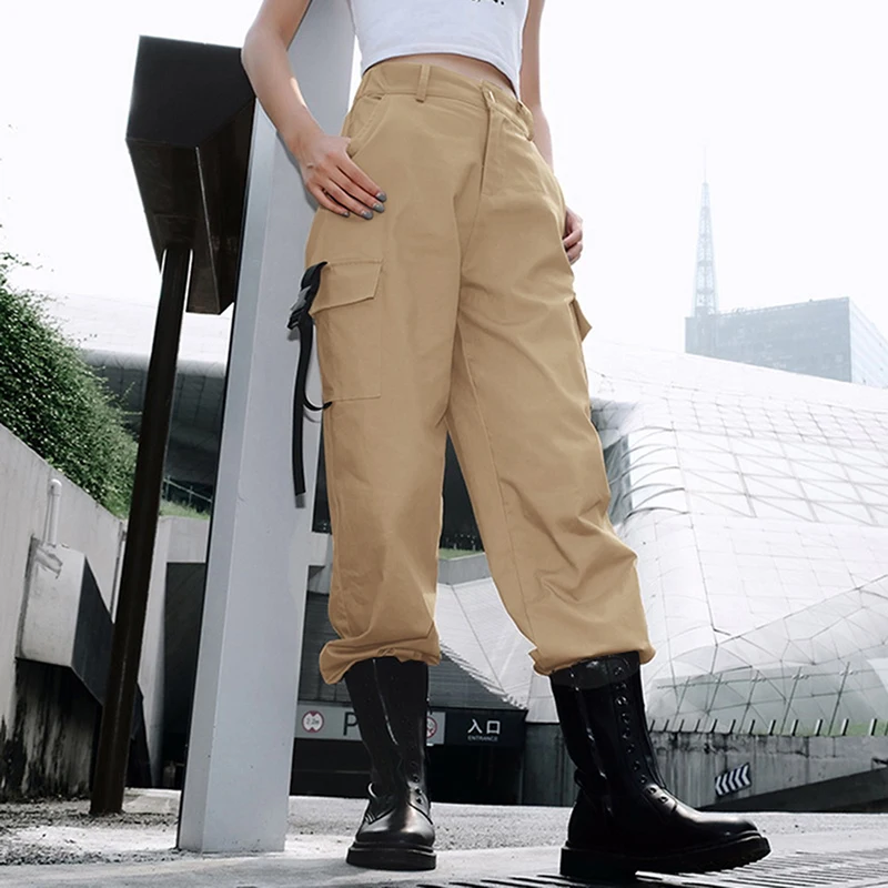 Черные женские брюки-карго с высокой талией, с карманами, в стиле пэчворк, свободные, уличная одежда, брюки-карандаш,, модные, в стиле хип-хоп, женские брюки
