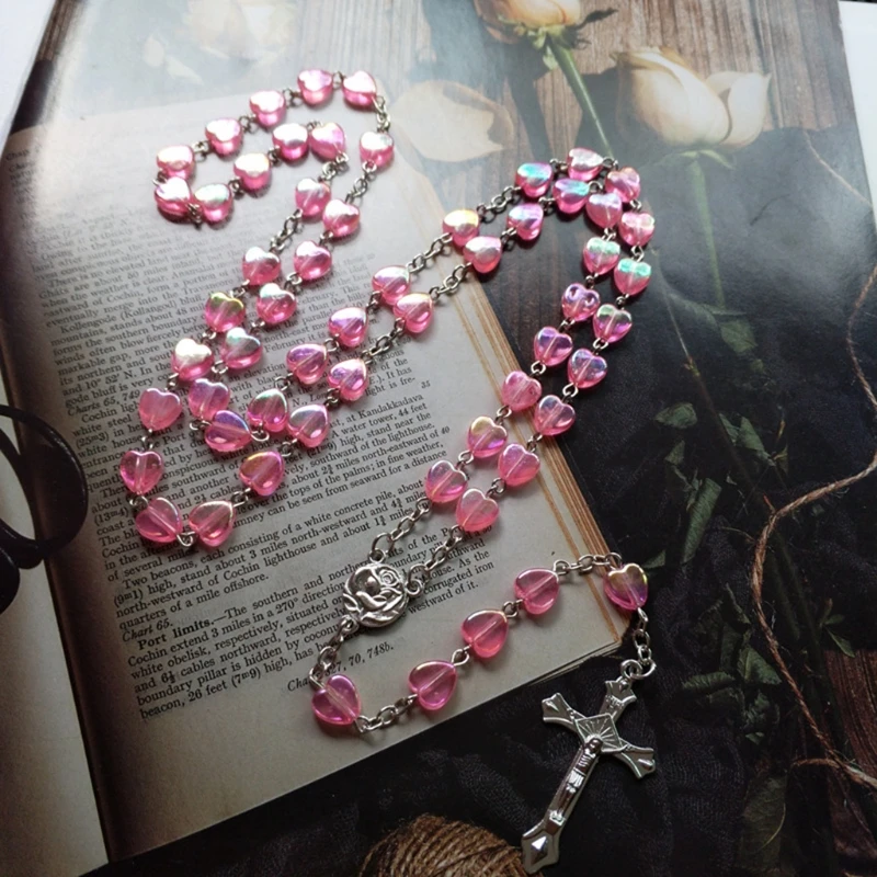 Olivenorma Pink Acrylic Heart Beaded Cross Rosary Necklace
