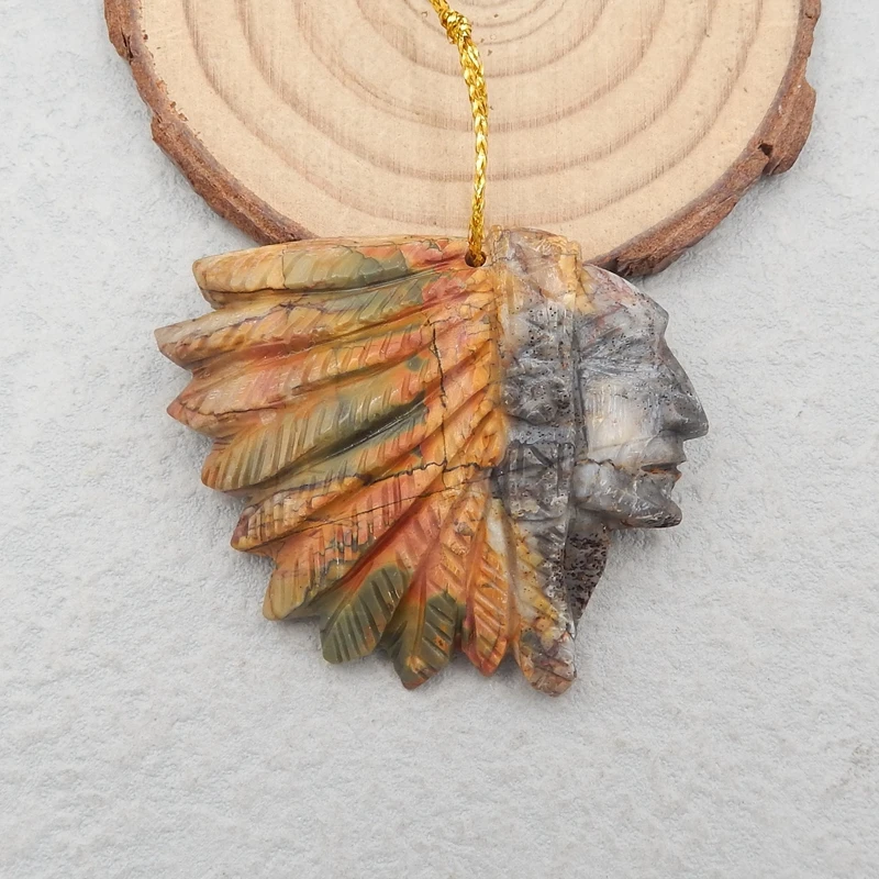 

Semiprecious Natural Stone Multi-Color Picasso Jasper Carved Indian Head Pendant Bead 48x44x9mm 22g Fashion Necklace Accessories