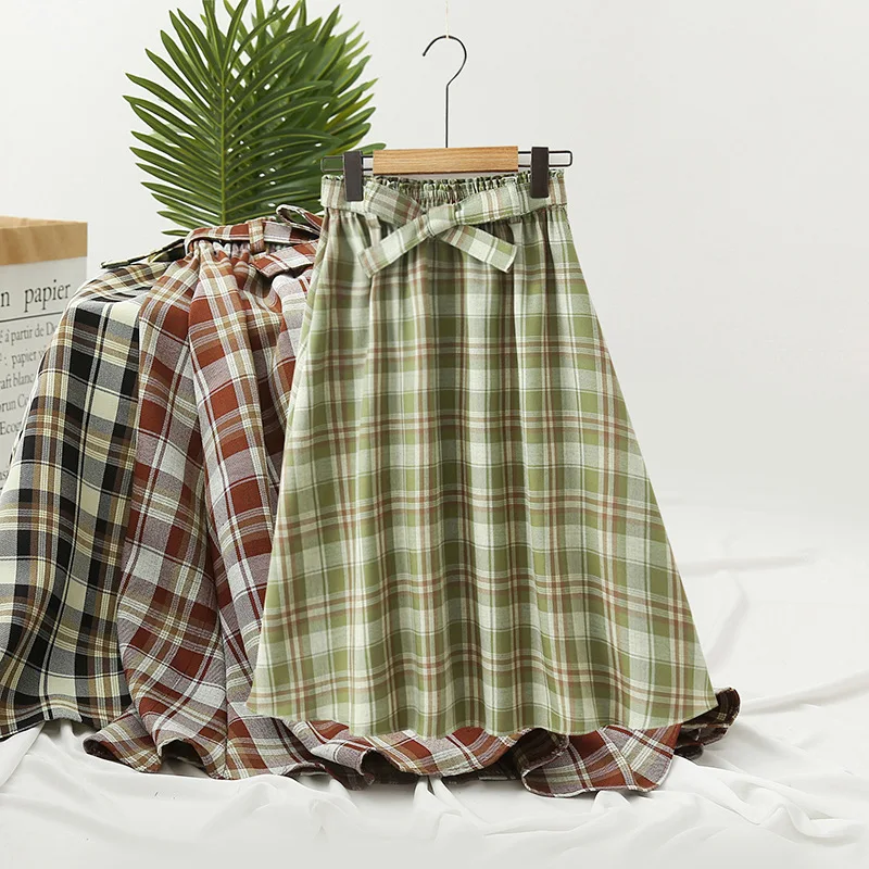 

2020 Spring New Style WOMEN'S Dress Mori Girl Line Pattern Mid-length Skirt Women's Japanese-style High-waisted Students A- line