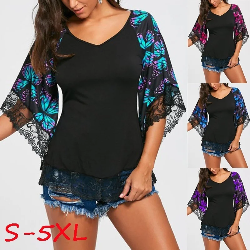 

Women Fashion V-neck Butterfly Printed Raglan Sleeve Top T-shirt Female Sexy Slim Fit Shirt Tops (S~5XL)