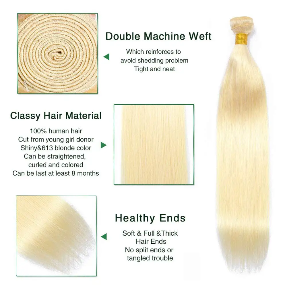 36 38 40 Inch Brazilian 613 Blonde Straight Long Human Hair Weave Bundles 1 / 3 / 4 Pcs Blonde Human Hair Extensions Remy