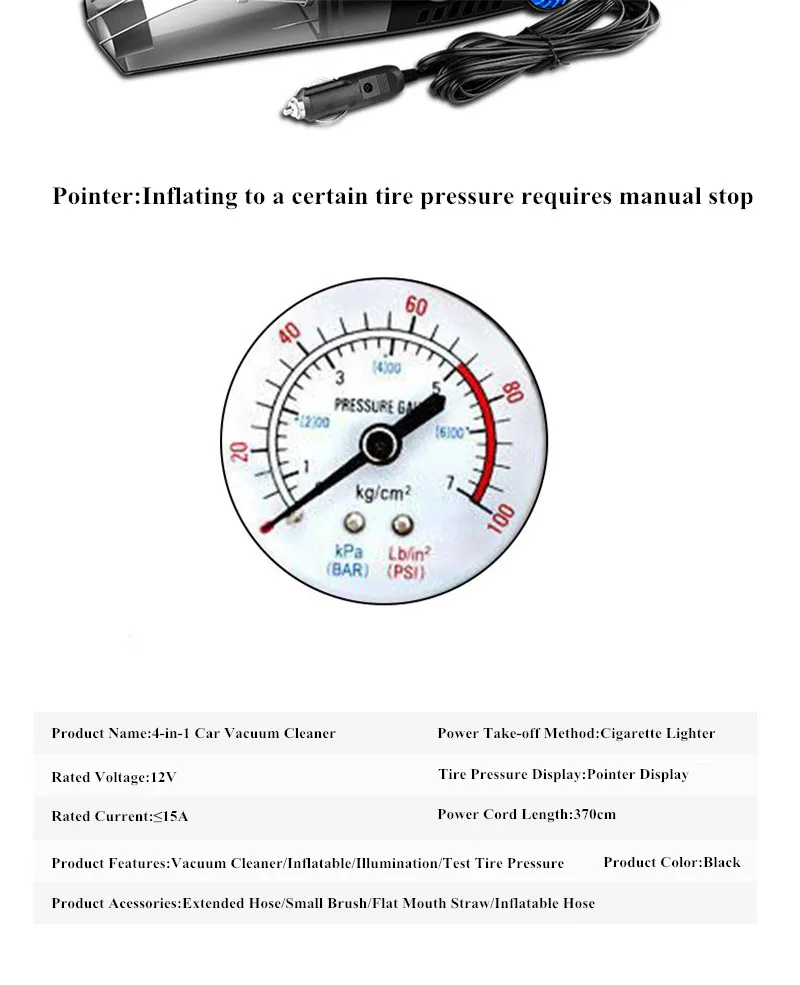 4 в 1 портативный автомобильный ручной пылесос Электрический воздушный насос для шин светодиодный светильник 12 в 120 Вт пылесос для дома авто