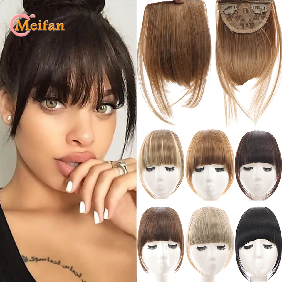 MEIFAN Clip in Hair Bangs Extension Hairpiece Synthetic Natural Fake Bang Hair Piece Air Bangs Clip on Bangs Black Brown