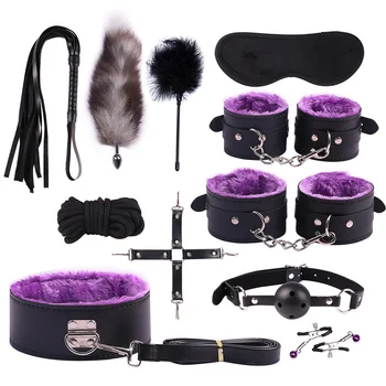 Sexy Leather BDSM Kits Plush Sex Bondage Set Handcuffs Sex Games Whip Gag Nipple Clamps Sex Toys For Couples Exotic Accessories 4