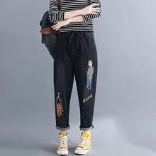 Женские Большие размеры 3XL черные джинсы шаровары эластичный пояс вышивка мультфильм патч Свободные повседневные уличные Femme джинсовые брюки s