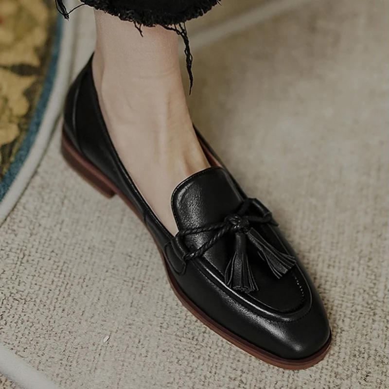 Retro Tassel bow-knot small leather shoes women loafers square toe low heels oxfords woman ins genuine leather fringe flats