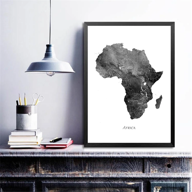 Africa-map-posters-and-prints-map-travel-wall-art-canvas-painting-gray-black-white-living-room