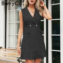 BerryGo элегантное платье-блейзер с v-образным вырезом женское платье без рукавов с оборками на пуговицах женское осеннее платье для работы офисные женские короткие черные платья
