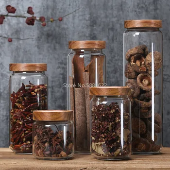 

350/650 / 950ml / 1250ml / 1550ml Bamboo Cover Glass Closed Tank Storage Bottle Jar Grain Tea Coffee Bean Candy Food Can