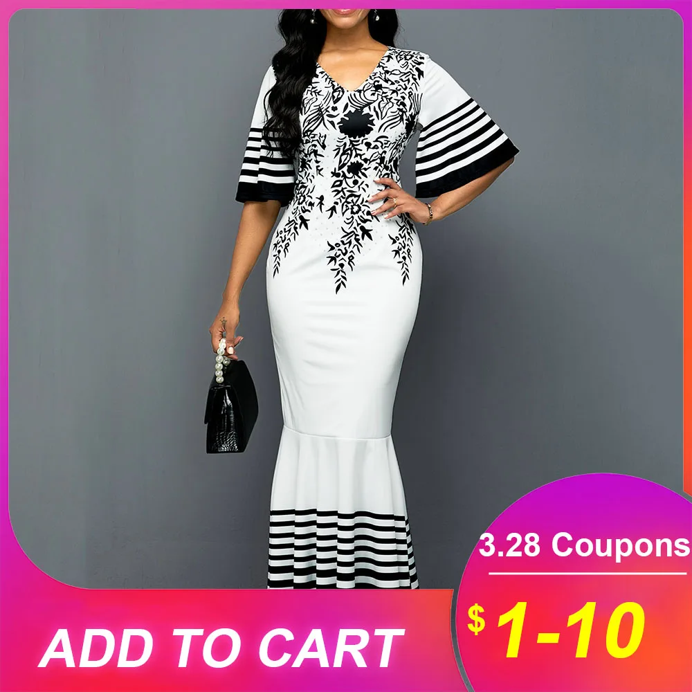 

White African Women Dress Mermaid 2020 Summer Flower Printed Ruffle Sleeve Long Dresses Robe Elegant Female Maxi Dress Vestiods
