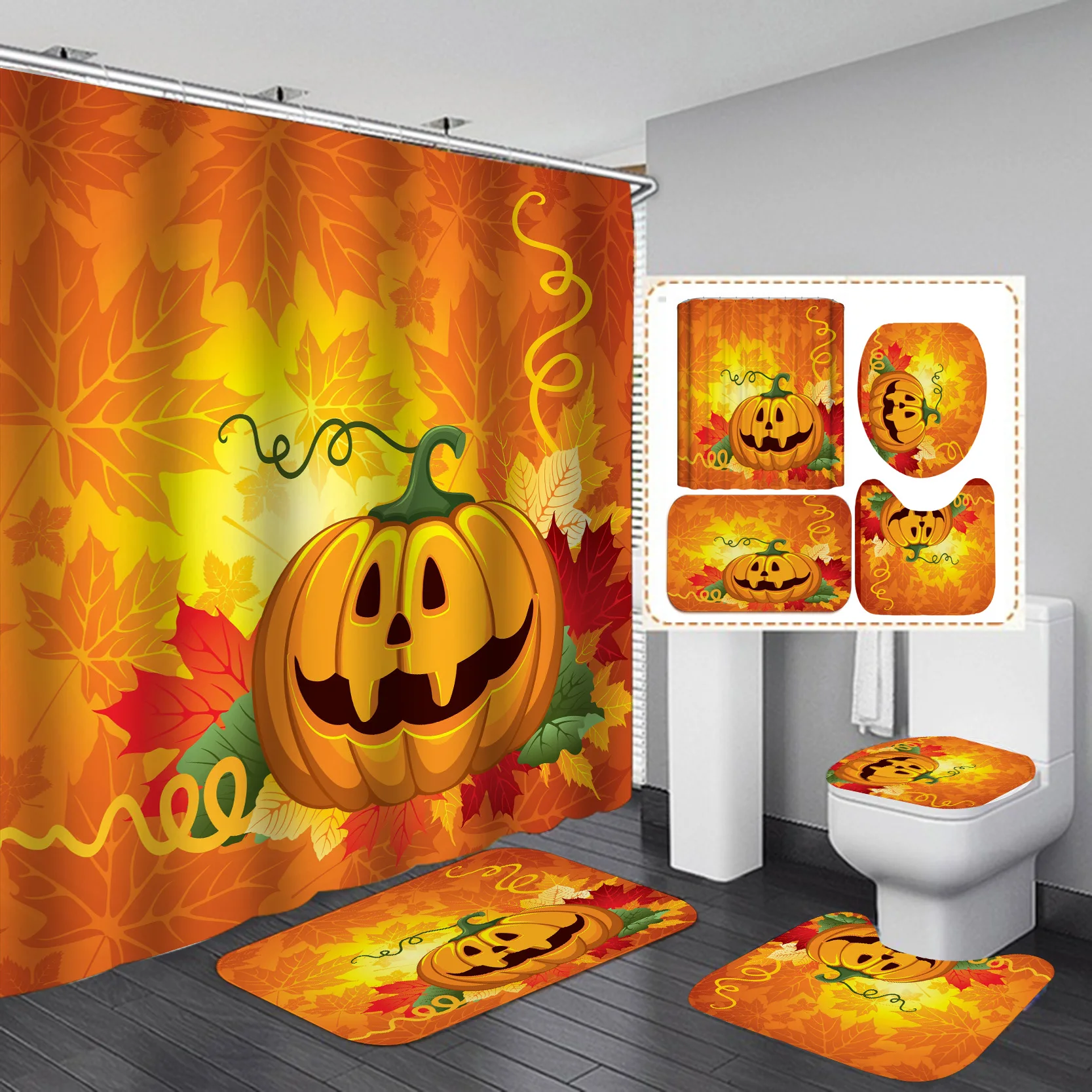 Scary Halloween Print Shower Curtain & 4Pcs Carpet Cover Toilet Cover Bath Mat Pad Set Bathroom Curtain with 12 Hooks
