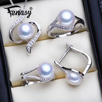 

FENASY 925 Sterling Silver Jewelry Sets Natural Pearl Clip Earrings Custom Bohemian Pendant Chain Necklace For Women Ring Set