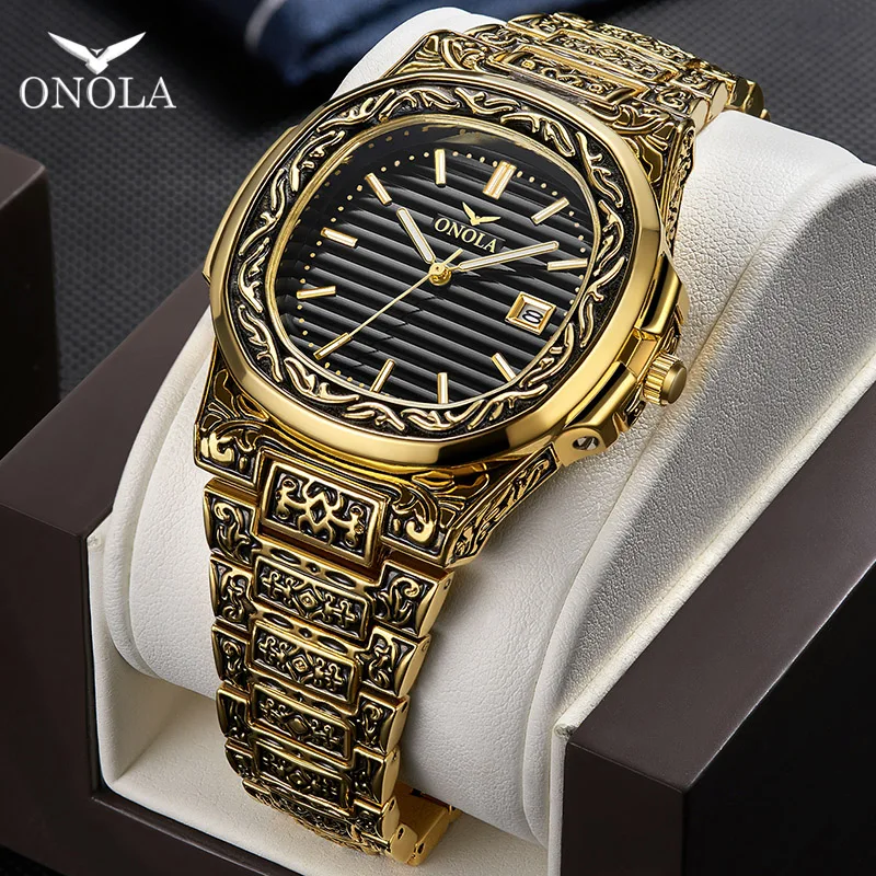 Ceny ONOLA marka Vintage złoty zegarek męski 2019 moda cusual quartz wrist watch dzień data złoty luksusowy klasyczny projektant mężczyzna zegarek