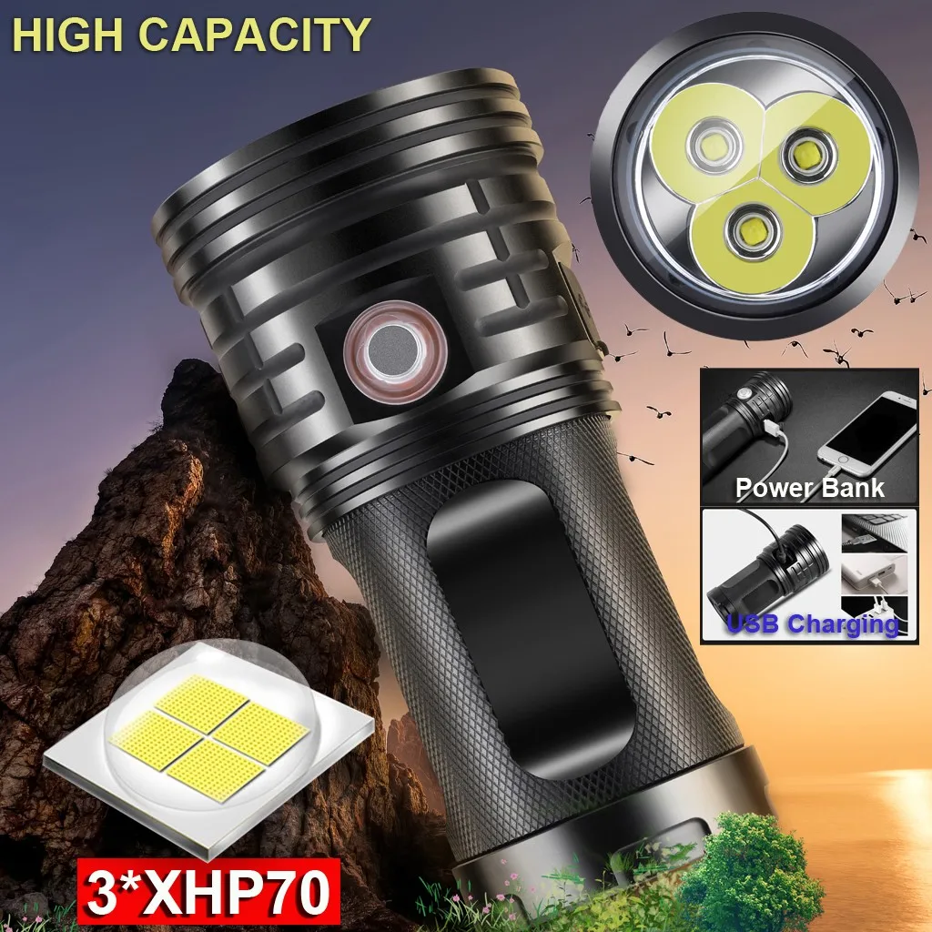 Светодиодный фонарик 3* XHP70 фонарь USB Перезаряжаемый водонепроницаемый фонарь ультра яркий Мощный портативный наружный аварийный фонарик