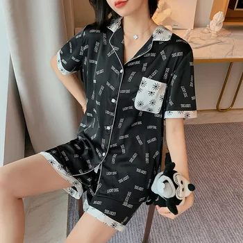 

2PCS Pajamas Set Satin Women Sleepwear Print Pyjamas Nightwear Casual Intimate Lingerie Bathrobe Kimono Gown Soft Pyjamas