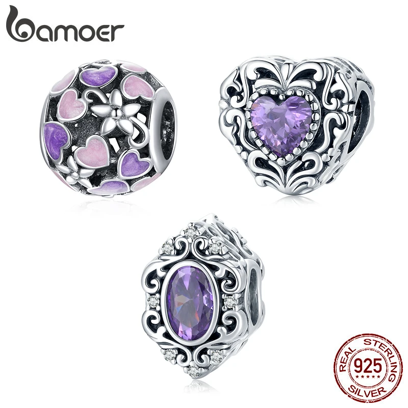 bamoer Vintage 925 Sterling Silver Purple Crystal Bead Pattern Heart Charm for Original Bracelet Bangle for Women Fine Jewelry
