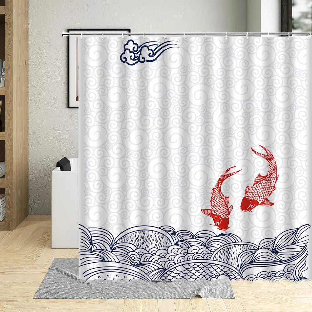 Goldfish Flower Printing Bathroom Decor Koi Polyester Fabric Waterproof