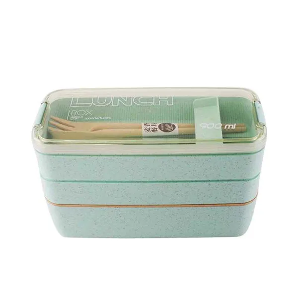 Вилка spoon900ml здоровый материал Ланч-бокс 3 слоя пшеничной соломы Bento коробки микроволновая посуда контейнер для хранения еды Ланчбокс - Цвет: Зеленый