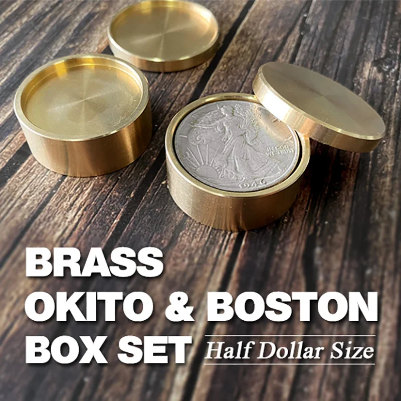 Brass Okito & Boston Box Set Magic Trick Half Dollar Size Coin Appear