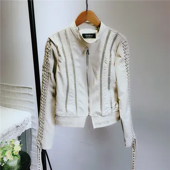 

Fashion Women's PU Leather Short Jacket Stand Collar Lace Up Sleeve With Straps Moto Biker Jackets Hollow Out Coats A61