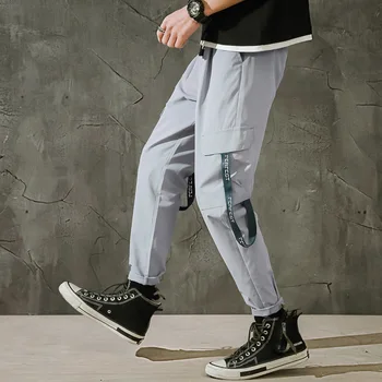 

2019 Summer Teenagers Men's More Pocket Solid Color Loose Harlan Overalls