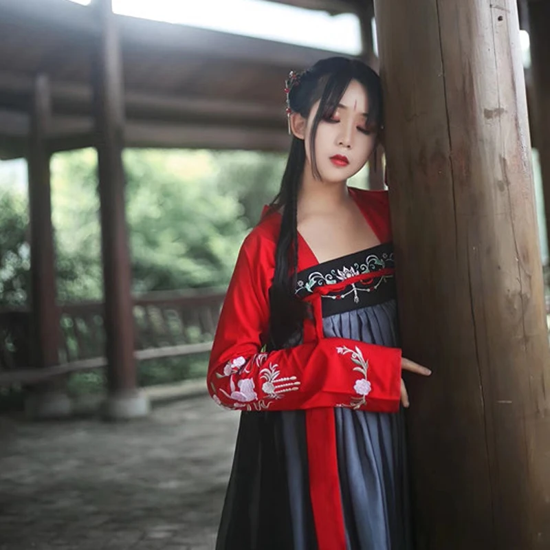 Женский старинный китайский костюм Hanfu Традиционный Элегантный красный и черный китайский традиционный костюм для танцев DQL1679