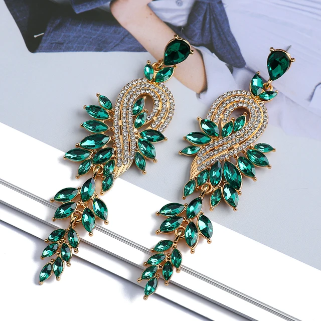 Design Dangle Earrings For Women Girl Luxury Elegant Metal Hollow Chain Leaves Crystal Brincos Pendant Jewelry Ear Accessories Green