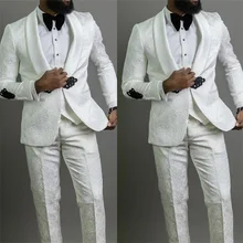 Elegant White 3 Pieces Men Suits Jacquard Costumes Hommes Custom Made Wedding Tuexdos Black Buckle Prom Blazer Pants Suit Sets