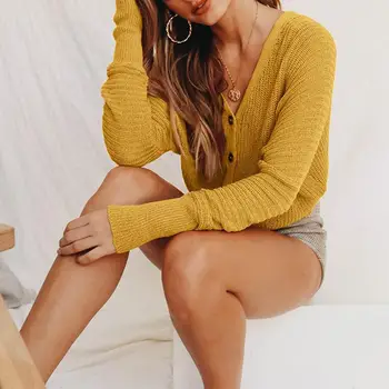 

Autumn Fashion V-neck Long Sleeve Button Knitted Cardigan Women Casual Solid Loose Knitted Crop Top Sweater Street Wear