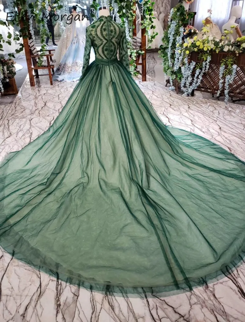 Темно-зеленое кружевное вечернее платье, свадебное платье 2019, Тюлевое со складками, с длинными рукавами, со шлейфом, Vestido De Novia, вечернее