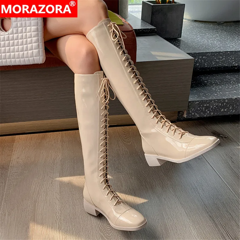 Женские сапоги до колена MORAZORA черные/абрикосовые из натуральной кожи на шнуровке