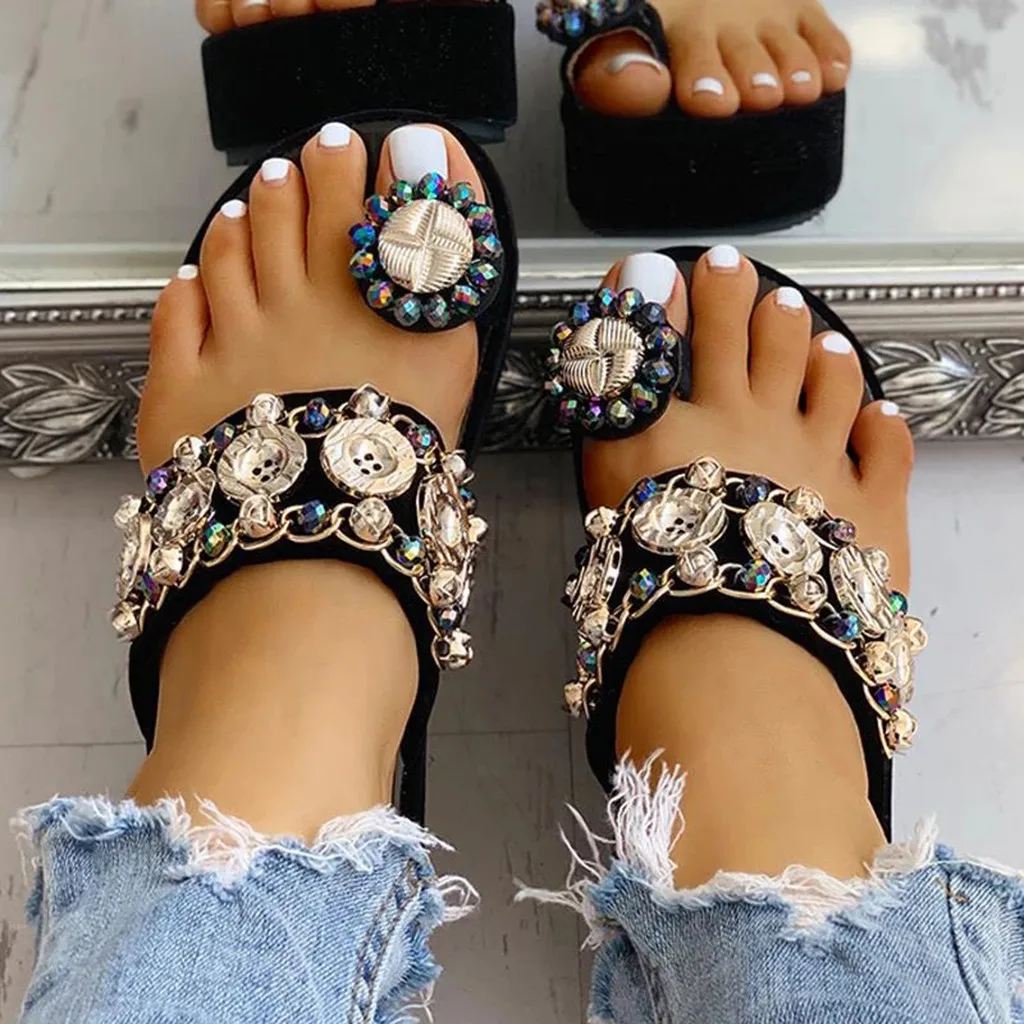 

High Quality New Female Slippers Women's Thick Bottom Beading Button Toe Ring Slipper Platform Flip Flops Shoes Chaussures Femme