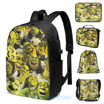 

Funny Graphic print Shrek Collage USB Charge Backpack men School bags Women bag Travel laptop bag