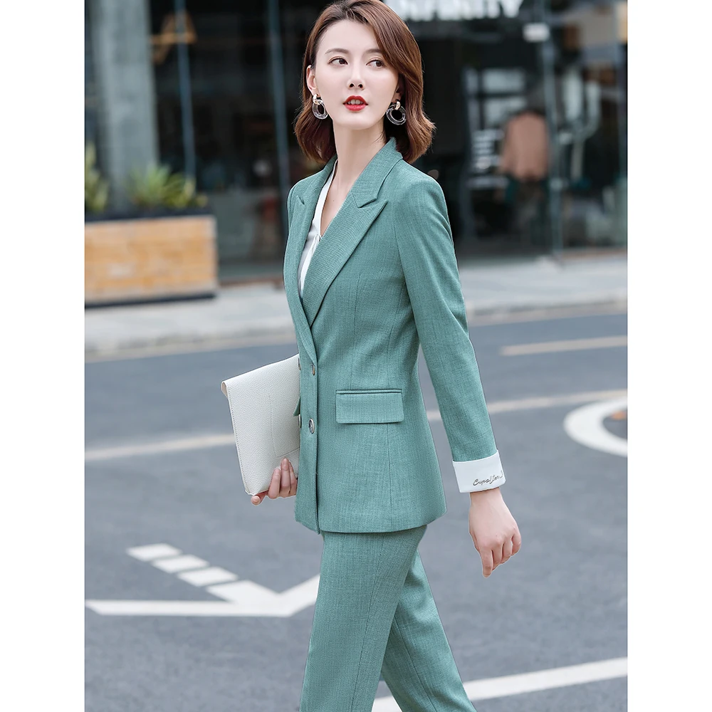 

Autumn Winter Office Work Pant Suits Women Suit Business Lady Uniform Female 2 Piece Set Green Blazer Pants Jacket Plus Size