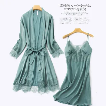 

Women Sexy 2PCS Robe Set Stain Silky Kimono Gown Lace Patchwork Bathrobe Intimate Lingerie Female Casual Nighty&Robe Suit